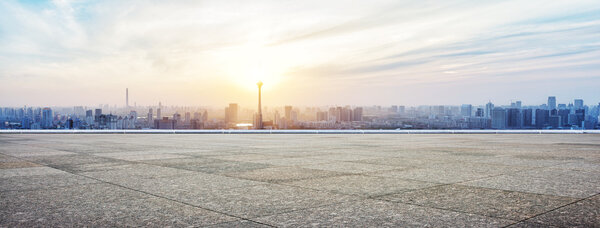 Panoramic skyline and buildings with empty square floor