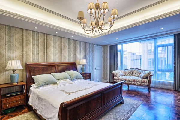 Luksusowe wnętrze sypialni i ozdoba — Zdjęcie stockowe