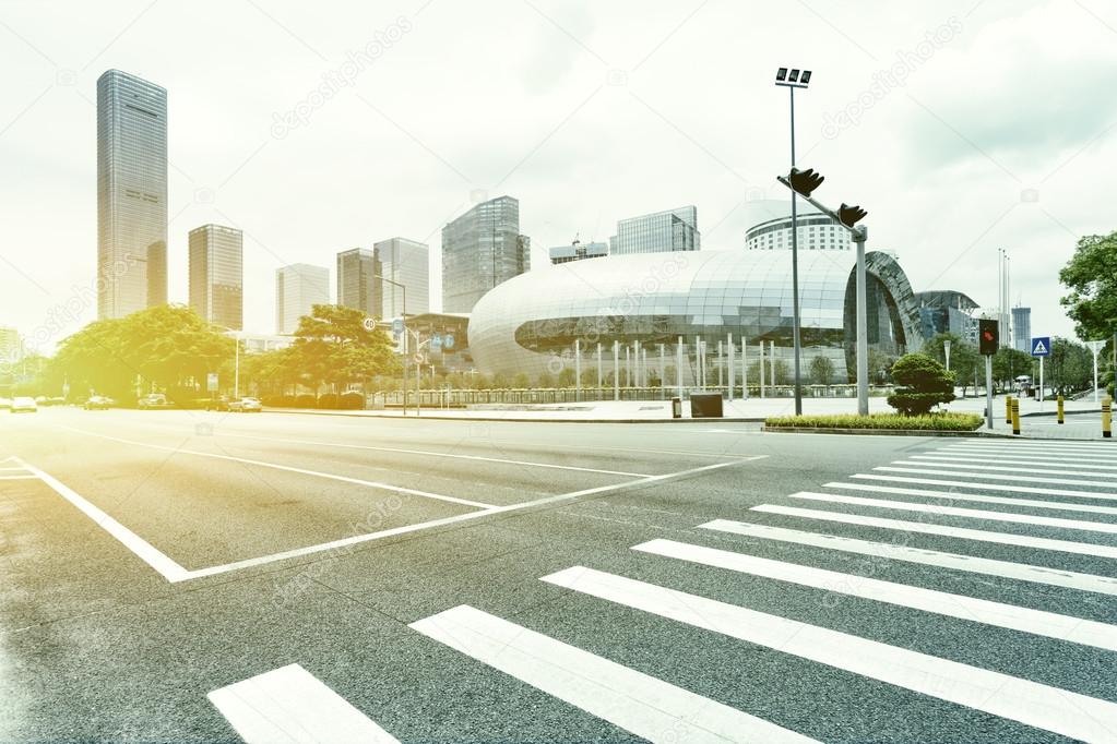 Blurred motion of modern skyline and urban street