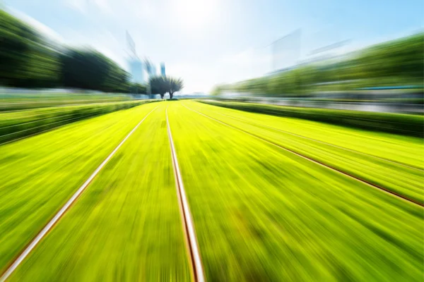 Ferrovias, juntamente com árvores e terras verdes — Fotografia de Stock