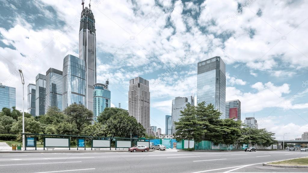 modern city street and skyscrapers