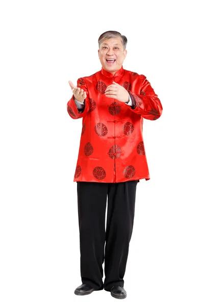 Viejo hombre chino sonriente en mandarina — Foto de Stock