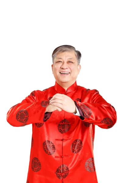 Porträt eines alten Mannes in Mandarine mit Geste — Stockfoto