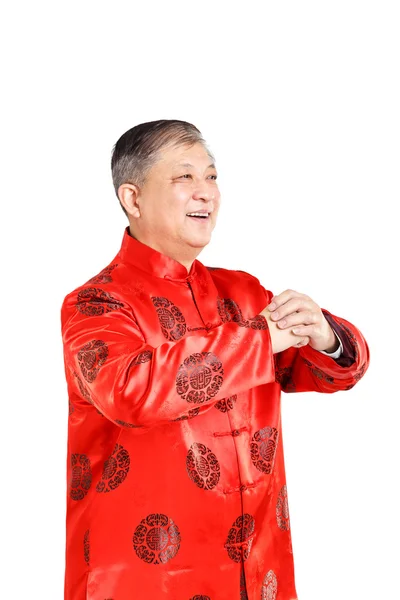 Porträt eines alten Mannes in Mandarine mit Geste — Stockfoto