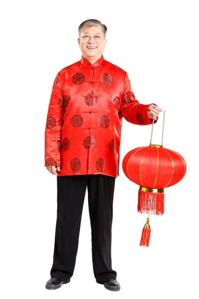 Oude chinese man in het Mandarijn met lantaarn — Stockfoto