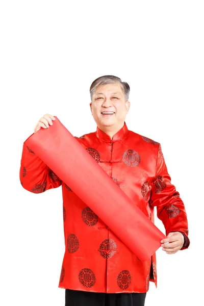 Oude man in het Mandarijn met Chinees couplet — Stockfoto