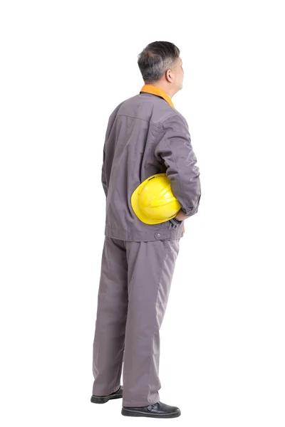 Engenheiro isolado com hardhat em seu braço — Fotografia de Stock