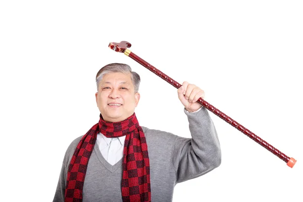 Oude Aziatische man met stok — Stockfoto