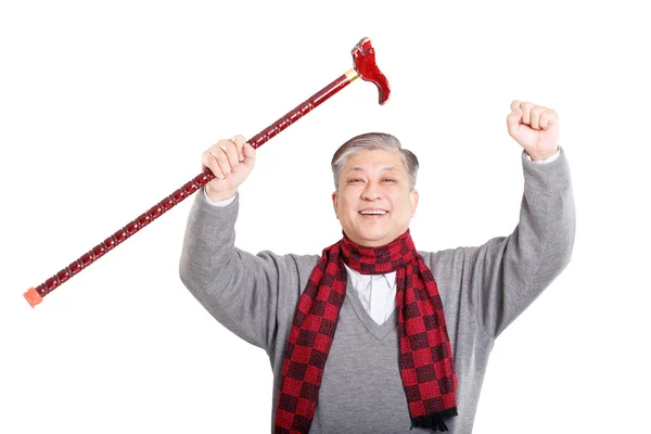 Oude Aziatische man met stok — Stockfoto