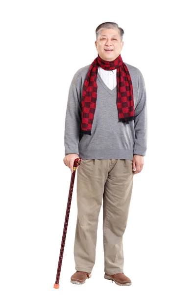 Aziatische oude man met wandelstok — Stockfoto