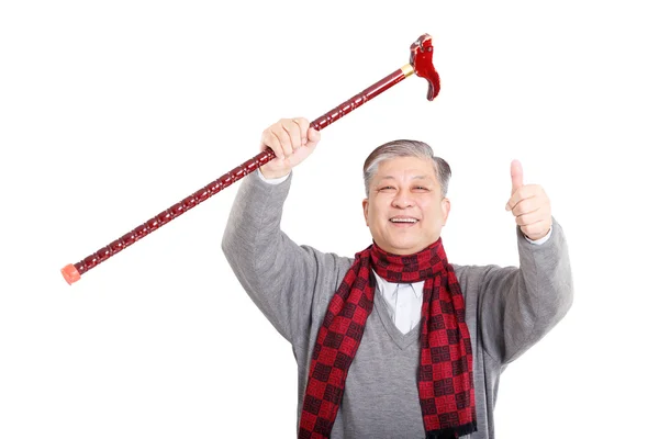 Aziatische oude man met wandelstok — Stockfoto