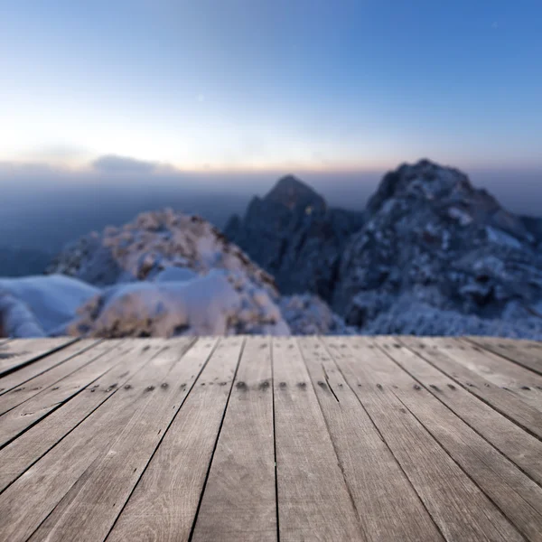 Piso de madeira frente de cena de neve — Fotografia de Stock