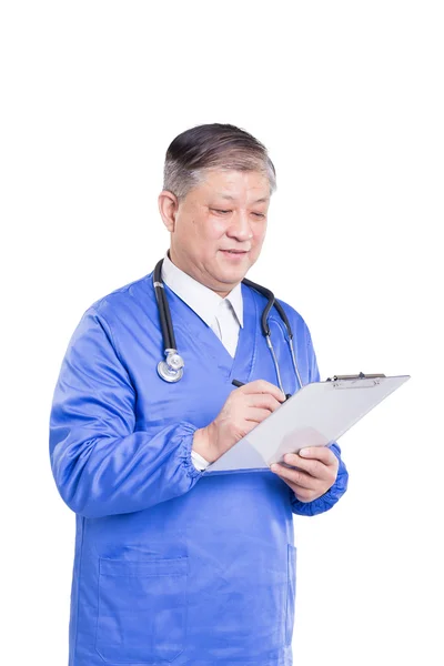 Homem médico com estetoscópio e área de transferência — Fotografia de Stock