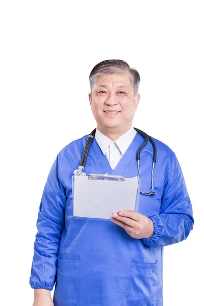Homem médico com estetoscópio e área de transferência — Fotografia de Stock