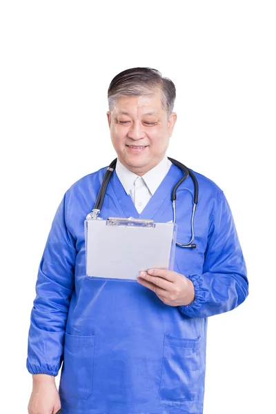 Homem médico com estetoscópio e área de transferência — Fotografia de Stock