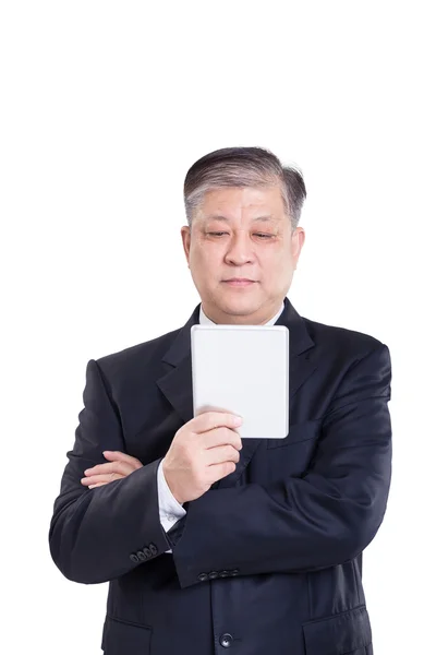 Old Asian businessman with tablet — Stock Photo, Image