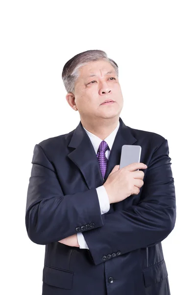 Régi ázsiai üzletember, mobil telefon — Stock Fotó
