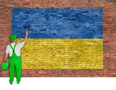 Ukrayna bayrağı tuğla duvar ev ressam boyalar