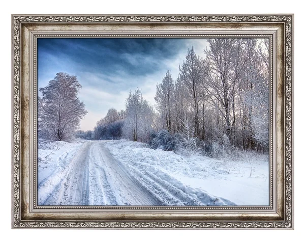 Antiguo marco de madera con hermoso paisaje de invierno —  Fotos de Stock