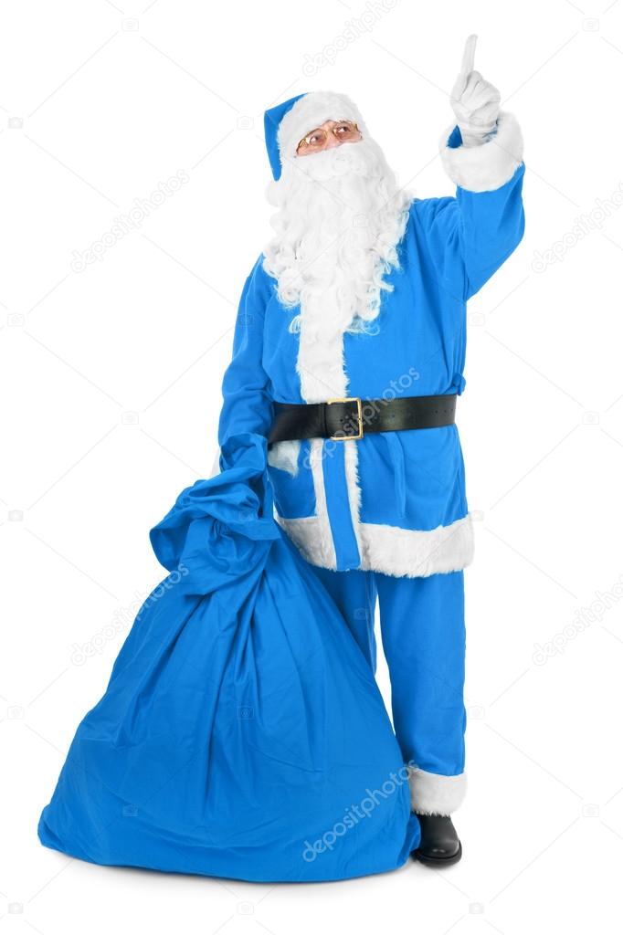 Blue Santa pointing his finger at an object 