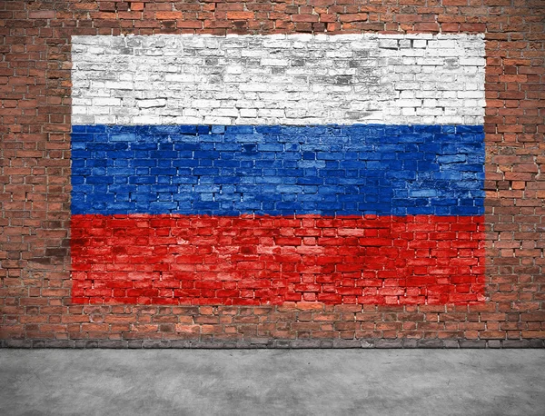 Bandera de Rusia en la pared de ladrillo con parte de primer plano —  Fotos de Stock