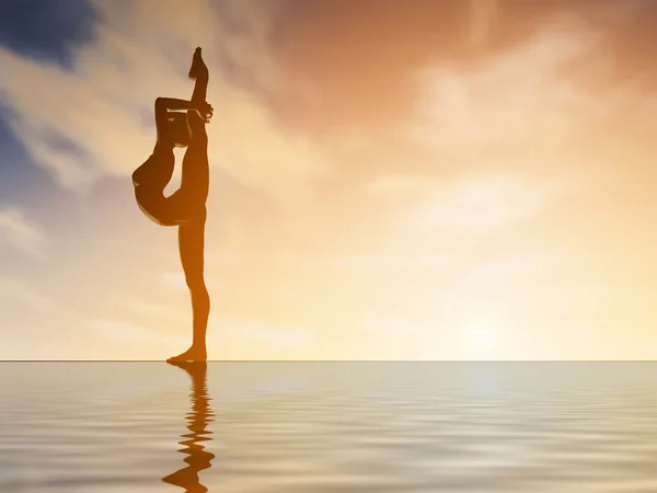 Silhouette young woman practicing yoga at sunset — Stock Photo, Image