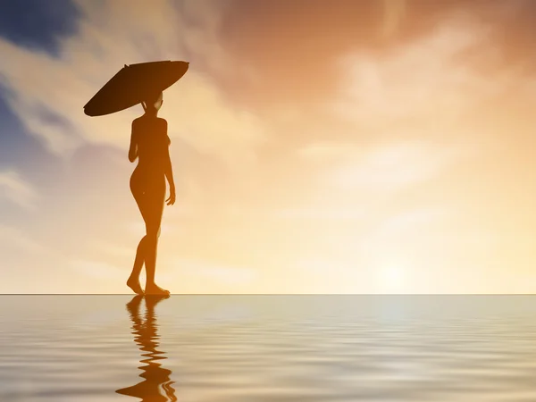 Silhouette giovane donna con ombrello al tramonto — Foto Stock