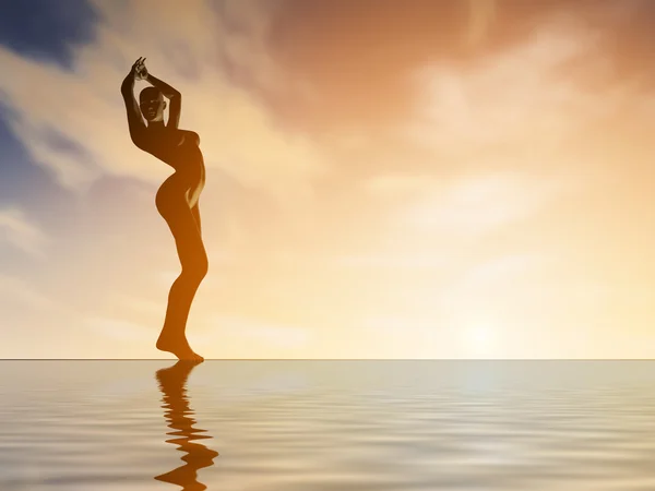 Silhouette young woman practicing yoga at sunset — Stock Photo, Image