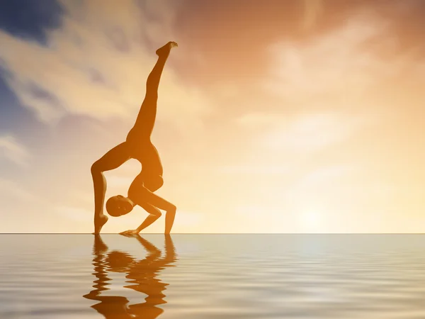 Silhouette young woman practicing yoga at sunset — Stock Photo, Image