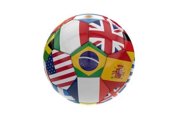 Pallone da calcio con molte bandiere; rendering 3d — Foto Stock