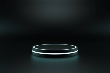 Karanlık bir arka planda siyah podyum. 3d illüstrasyon