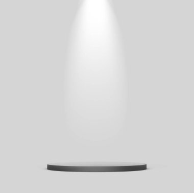 Gri arka planda spot ışıkları olan karanlık bir podyum. 3d illüstrasyon