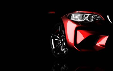 Koyu bir arka planda markasız, genel kırmızı spor araba. 3d illüstrasyon