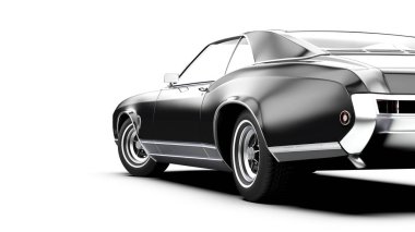 Beyaz arka planda izole edilmiş eski, markasız siyah bir araba. 3d illüstrasyon