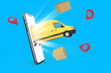 Akıllı telefondan minibüs çıkışı, dağıtım konsepti, 3 boyutlu illüstrasyon.