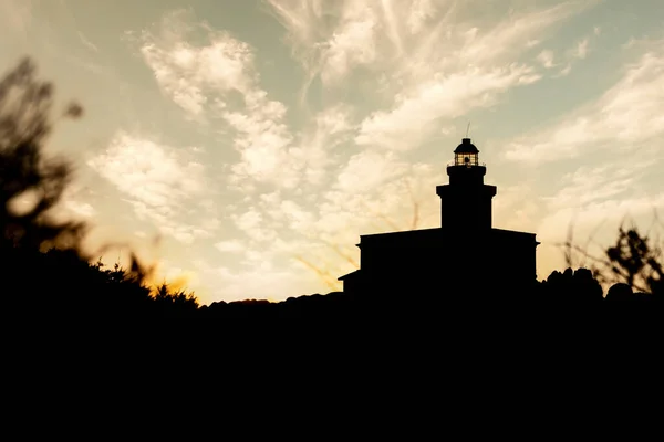 Silhouetten Ansicht Des Leuchtturms Capo Testa Bei Sonnenuntergang Sardinien — Stockfoto