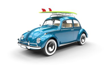 Old blue car with surfboard