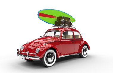 Old red car with surfboard and luggage