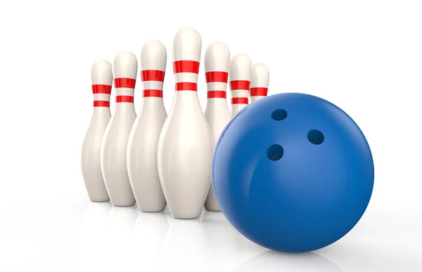 Bowling skittles and blue ball isolated — Stock Photo, Image