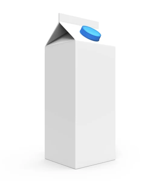 Jugo, caja de cartón blanco leche con tapa azul — Foto de Stock