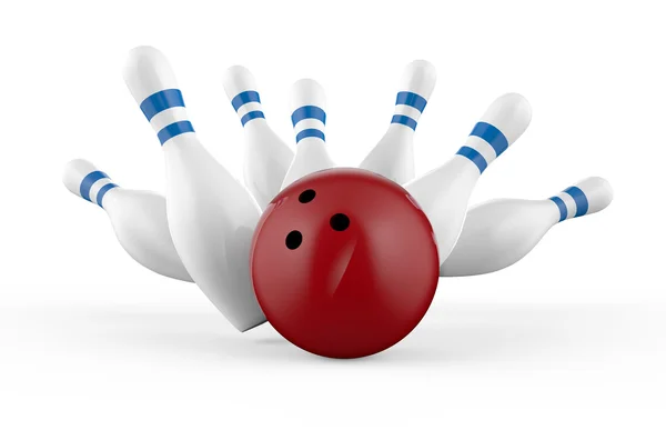 Spolverato skittle e palla da bowling isolato — Foto Stock