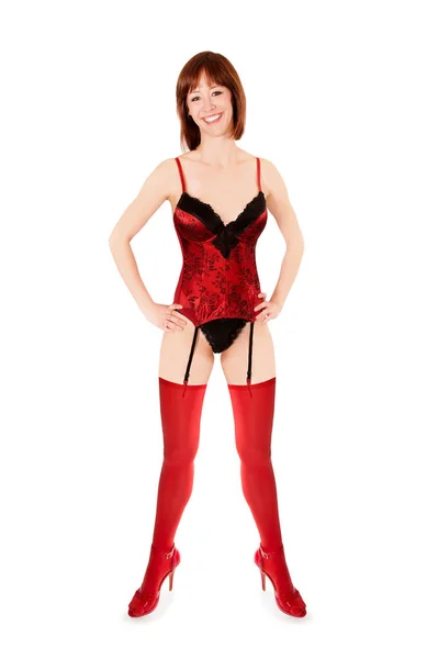 Full Length Portrait Attractive Young Woman Wearing Red Lingerie Isolated — Stock Photo, Image