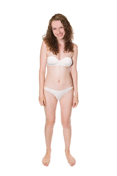 Atraktivní Smějící Žena Sobě Bílé Podprsenky Kalhotky Izolované Bílém Pozadí — Stock fotografie