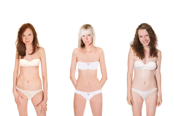 Три Привлекательные Молодые Женщины Бюстгальтере Трусиках Изолированные Перед Белым Фоном — стоковое фото