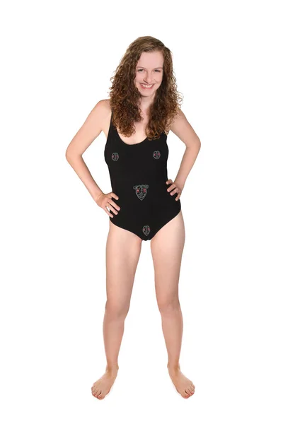 Full Length Portrait Attractive Young Woman Wearing Black Swimsuit Studio — Stock Photo, Image