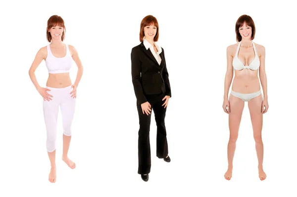 三幅全长的画像 是一位身穿运动服 泳衣和西服的年轻貌美女子的画像 在白色摄影棚前被隔离开来 — 图库照片