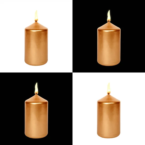 白色和黑色背景前的四支燃烧的金色蜡烛 — 图库照片