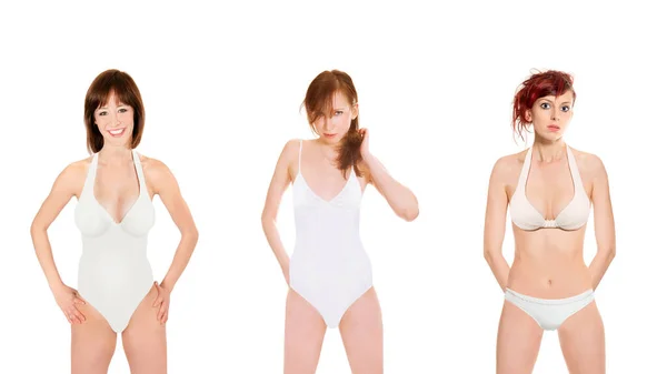 白いビーチウェアを着た3人の魅力的な若い女性の肖像画 白いスタジオの背景に隔離された — ストック写真