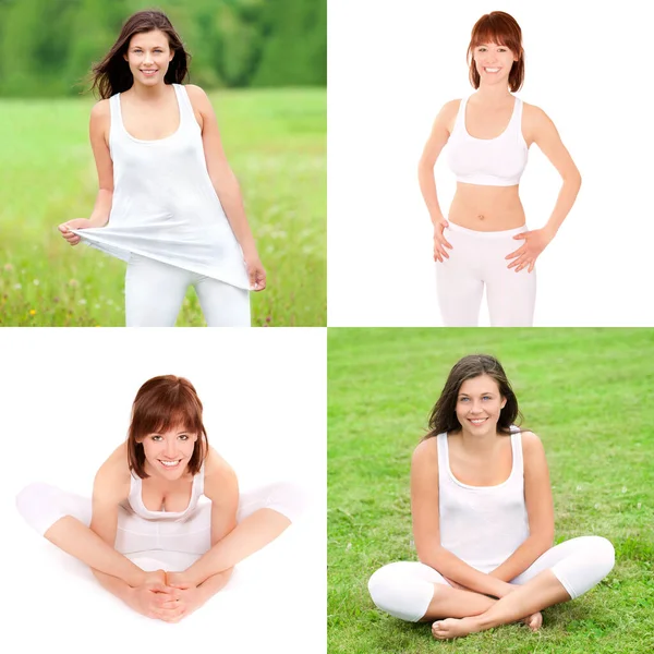 Two Beautiful Young Women Wearing White Sportswear Outdoor Studio Photos — Stock Photo, Image