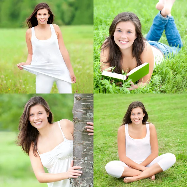 Vier Modeportretten Van Een Mooie Jonge Vrouw Casual Kleding Witte — Stockfoto